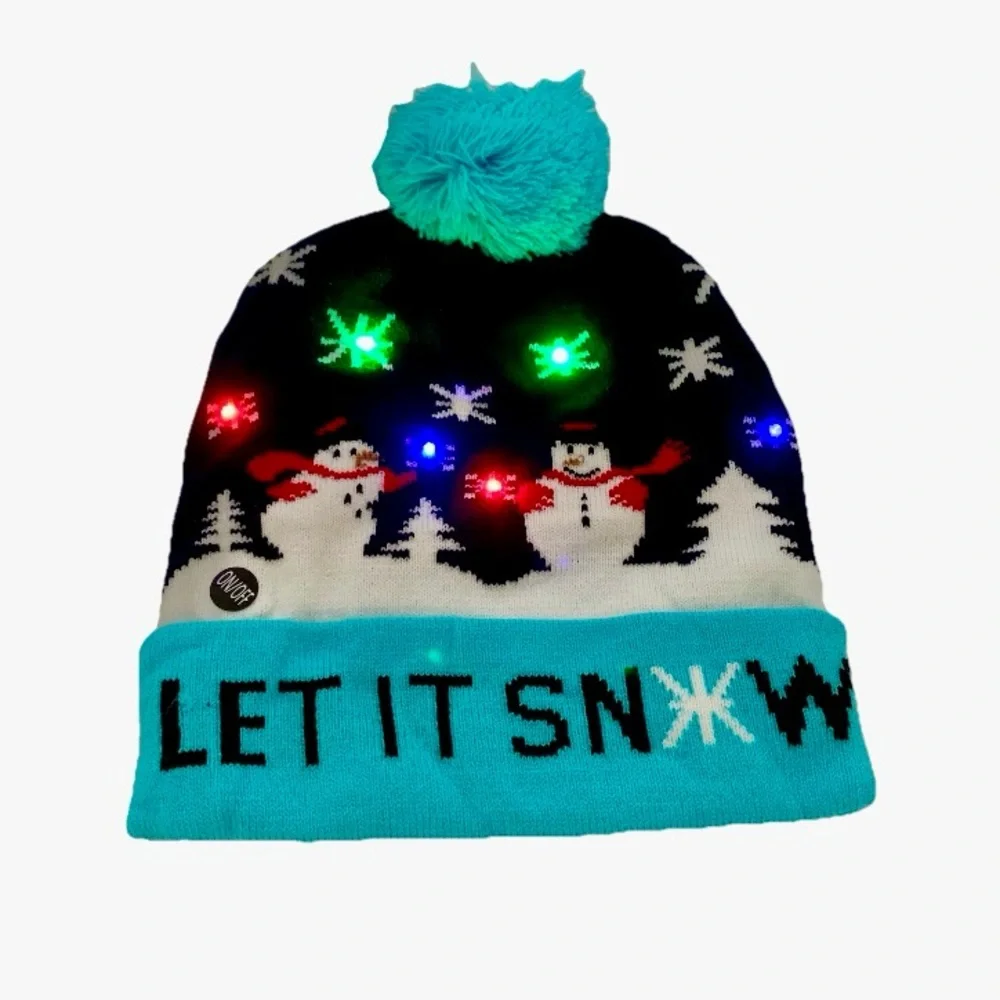 NWOT Christmas Gift Winter Hat Beanie Scarf LED Lights Let It‎ Snow Snowman Kids